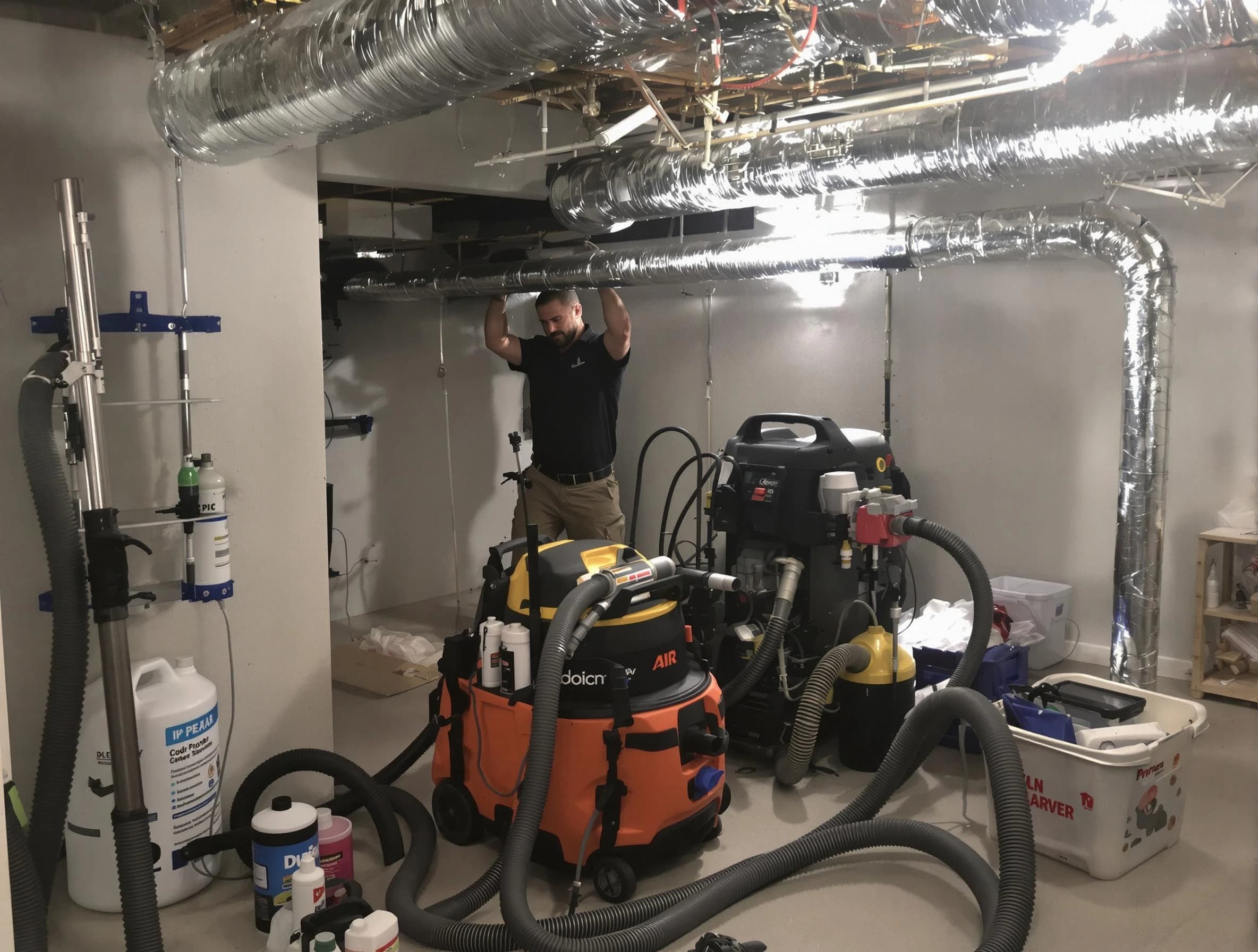 Denver Air Duct Cleaning specialist performing professional mold removal from air ducts using safety equipment in Denver